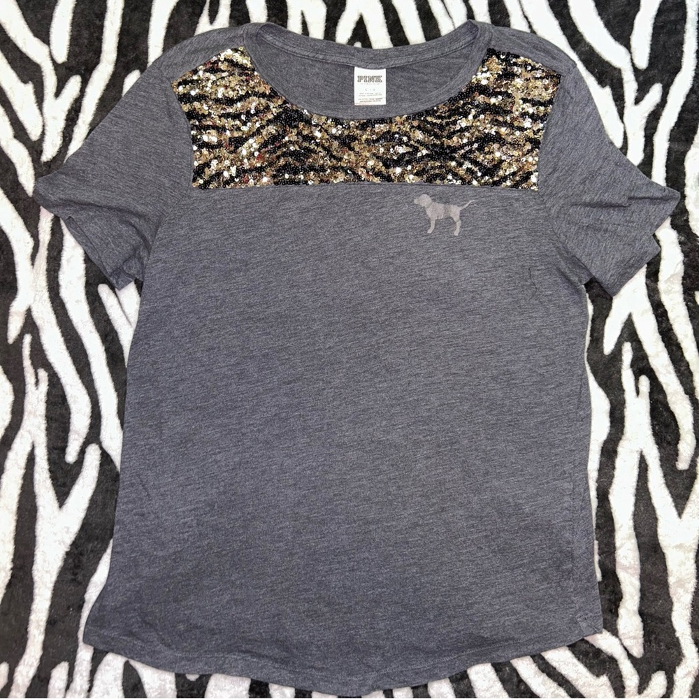 Victoria’s Secret PINK 2014 Dark Grey With Black/Gold/Silver Sequins T-Shirt